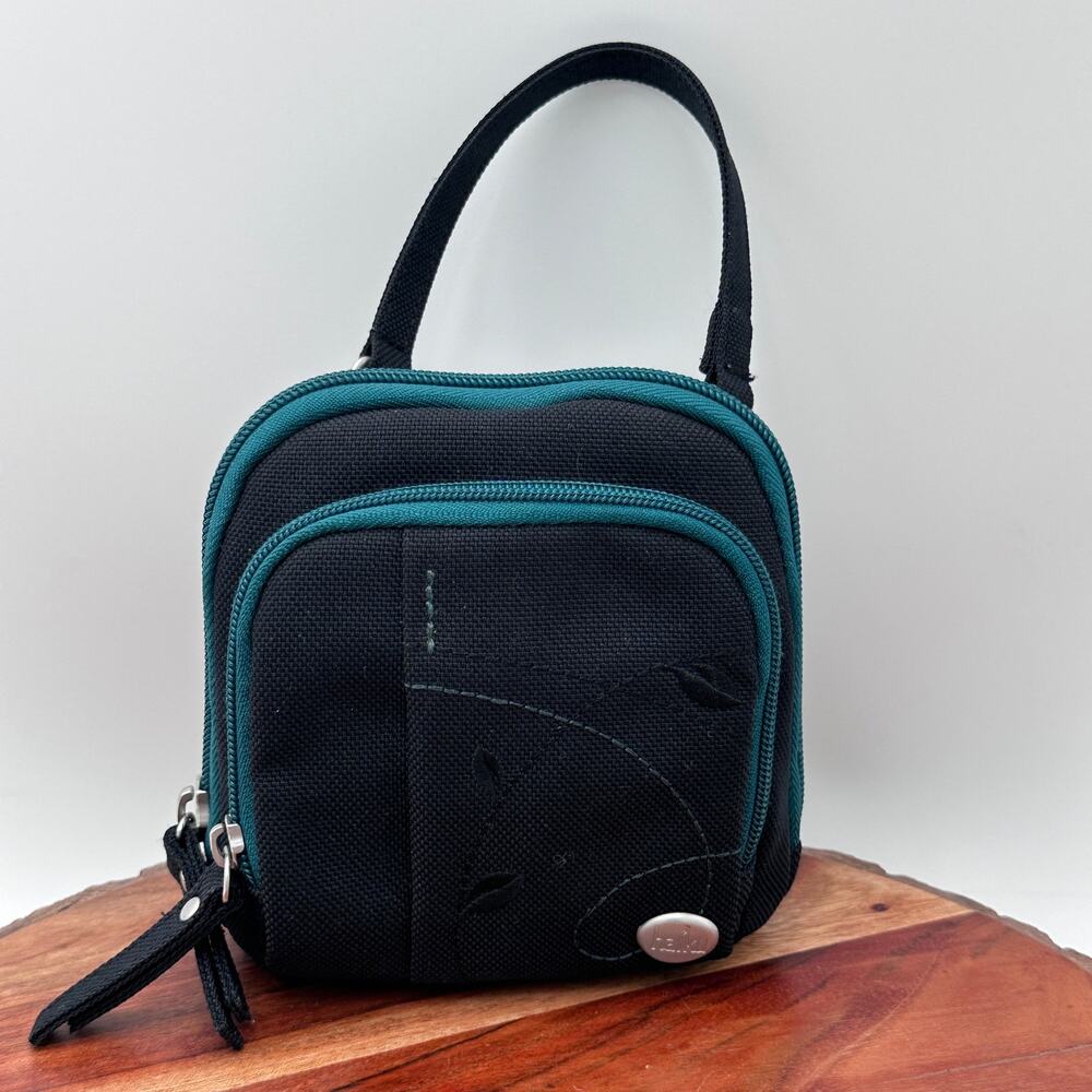 Haiku Mini Crossbody Purse Black Teal Floral EUC Sustainable Minimalist